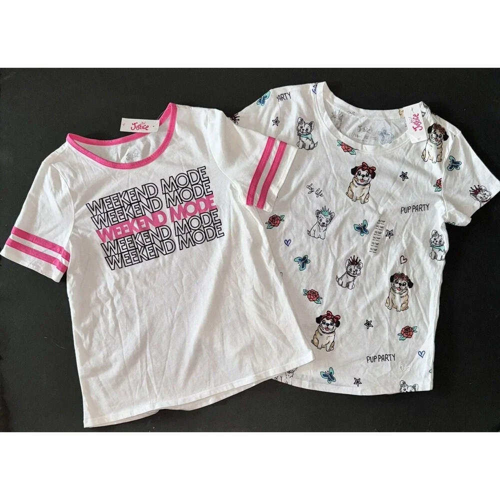 NEW Justice girls T-shirt XL 14 16 Pink White Weekend Mode Pug Dog Puppy S/S Top
